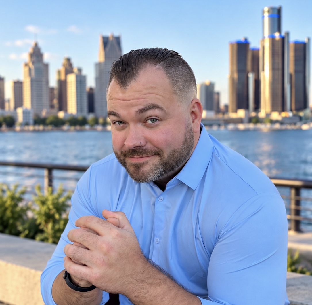 Jamie Burnham, Medicare insurance advisor, on the Detroit riverfront